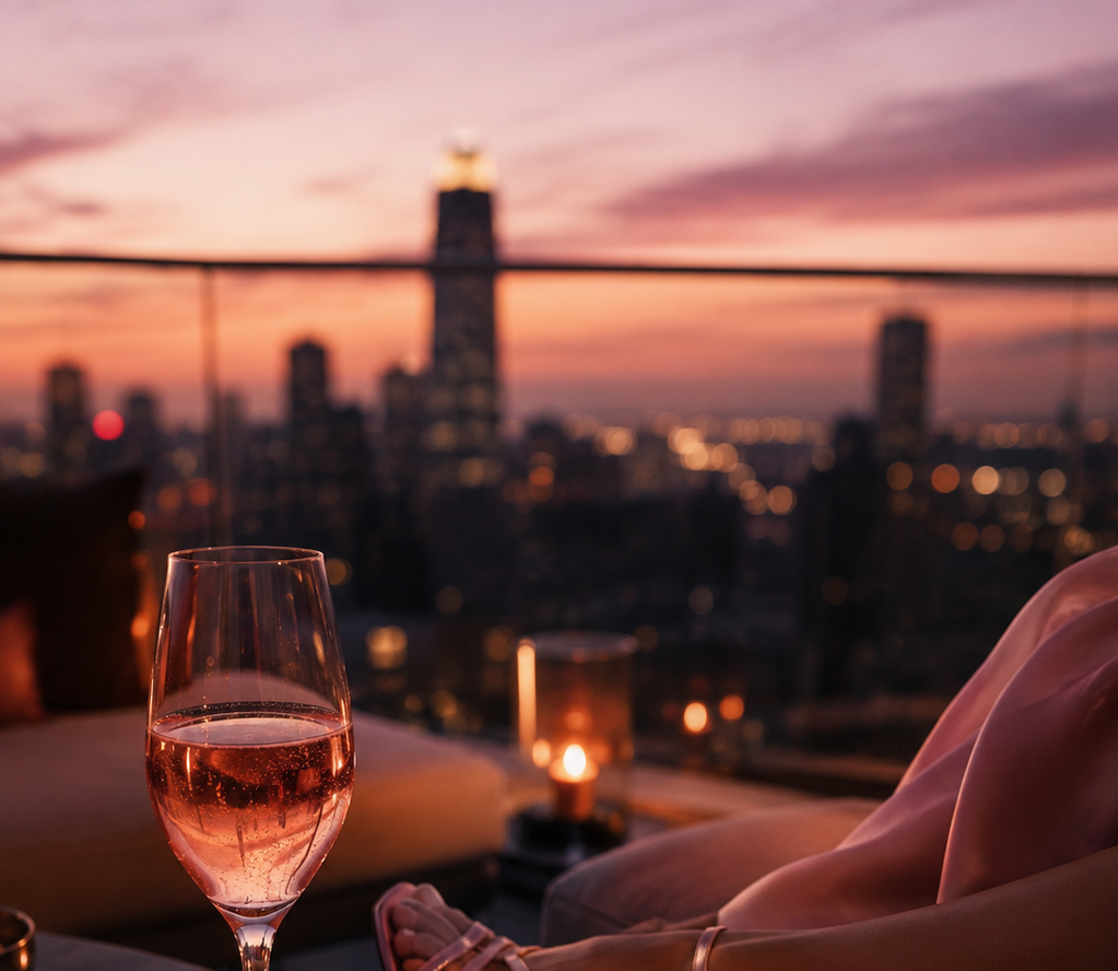 Lifestyle-Bild einer luxuriösen Duftkerze für Rooftop-Abende, Sonnenuntergänge und moderne City-Vibes.